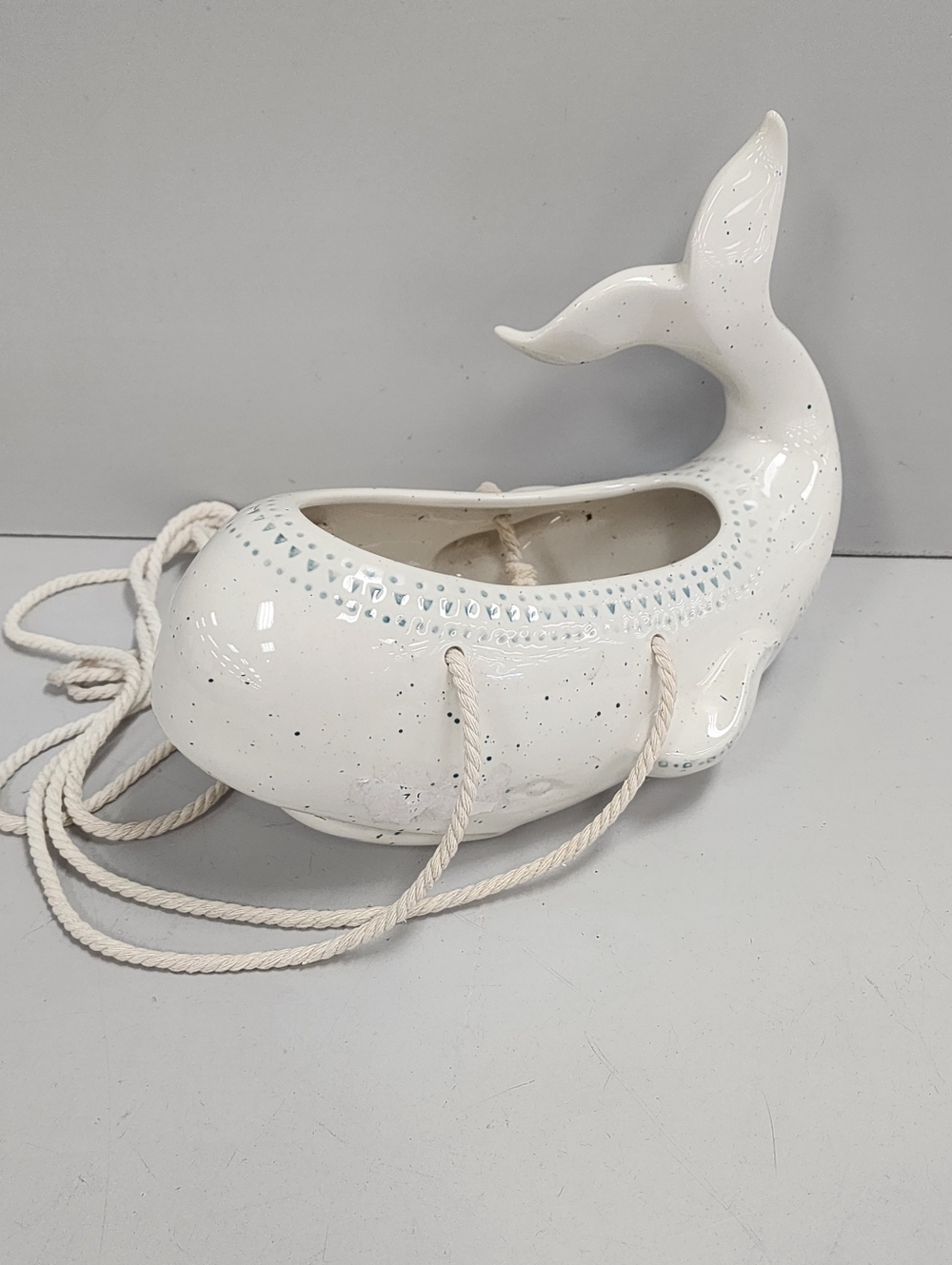 White Ceramic Whale Planter with Rope Accents